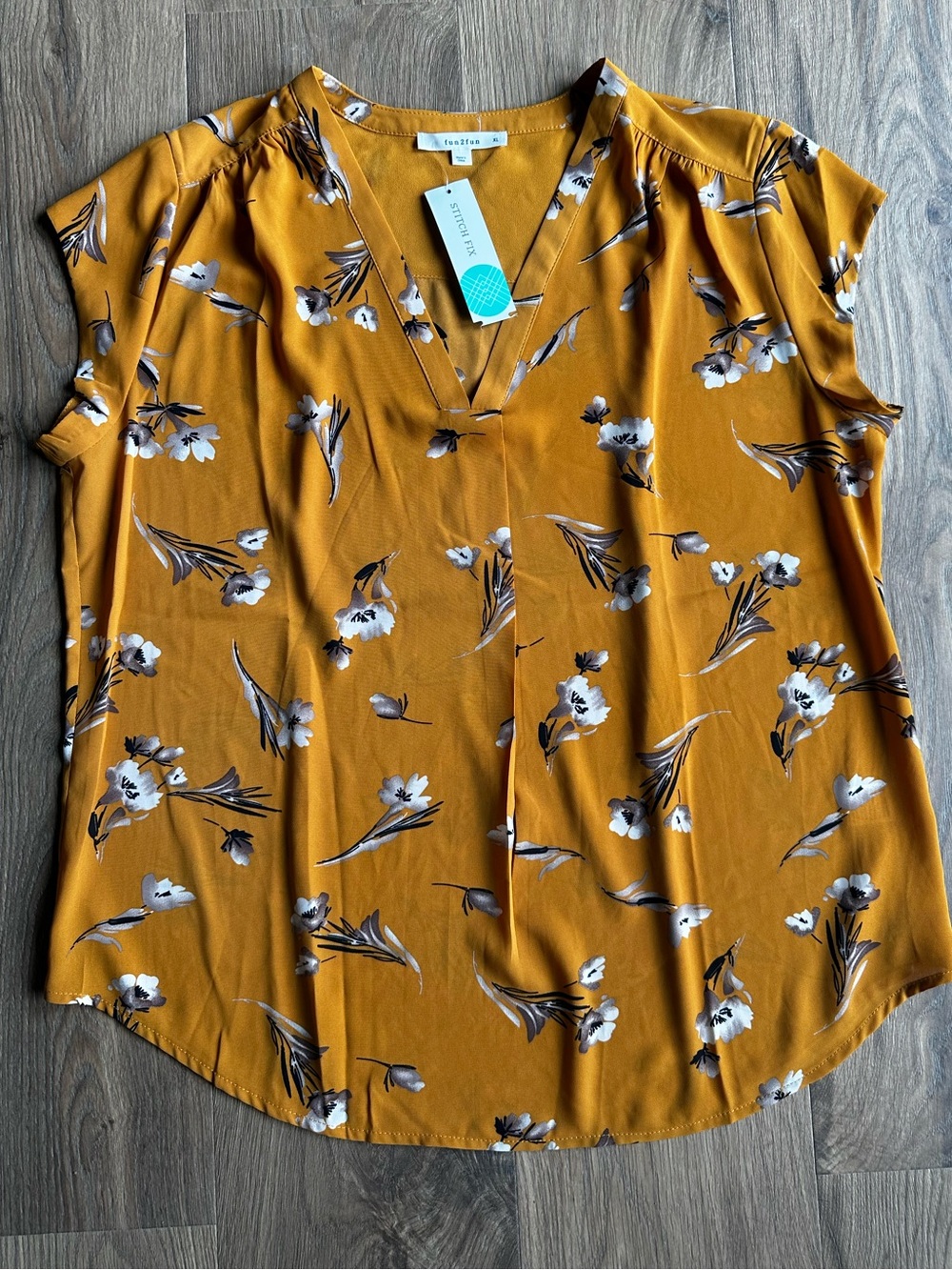 Fun2fun Mustard Floral V-Neck Short Sleeve Blouse NEW